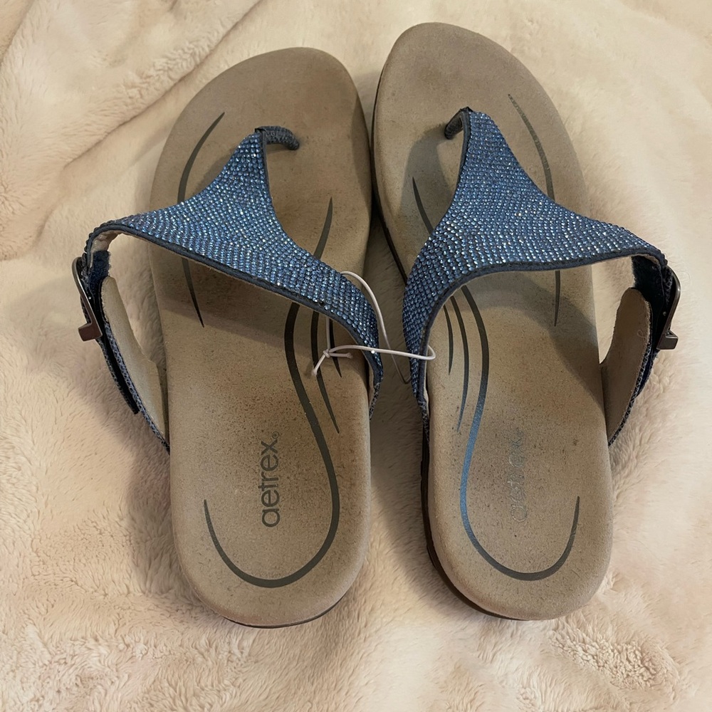 Aetrex Blue and Tan Sandals with Minimalist Design